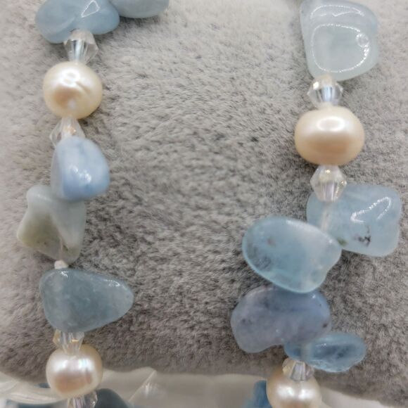 Natural Aquamarine Chips and Pearl Beaded Necklace 36 in. - Picture 2 of 6